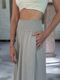 caraucci cotton smocked waist soft sand neutral wide leg flow pants with pockets #color_sahara