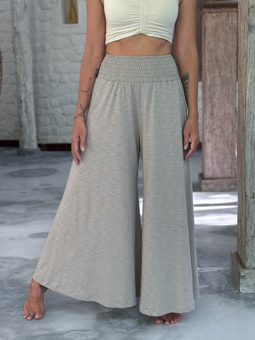 caraucci cotton smocked waist soft sand neutral wide leg flow pants with pockets #color_sahara