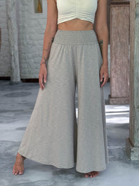 caraucci cotton smocked waist soft sand neutral wide leg flow pants with pockets #color_sahara