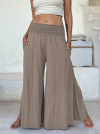 caraucci cotton smocked waist light tan wide leg flow pants #color_sahara