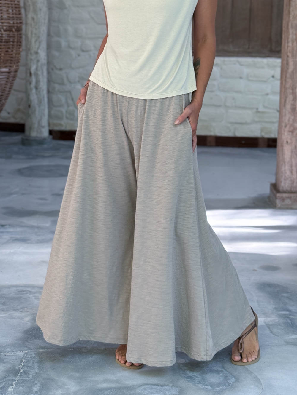caraucci cotton smocked waist soft sand neutral wide leg flow pants with pockets #color_sahara