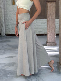 caraucci cotton smocked waist soft sand neutral wide leg flow pants with pockets #color_sahara