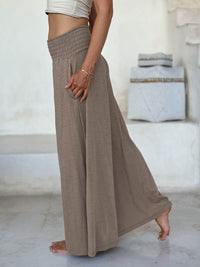 caraucci cotton smocked waist light tan wide leg flow pants #color_sahara