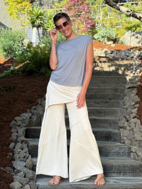 women's natural rayon jersey skirt-over cream wide leg pants with raised diagonal stitching #color_cream