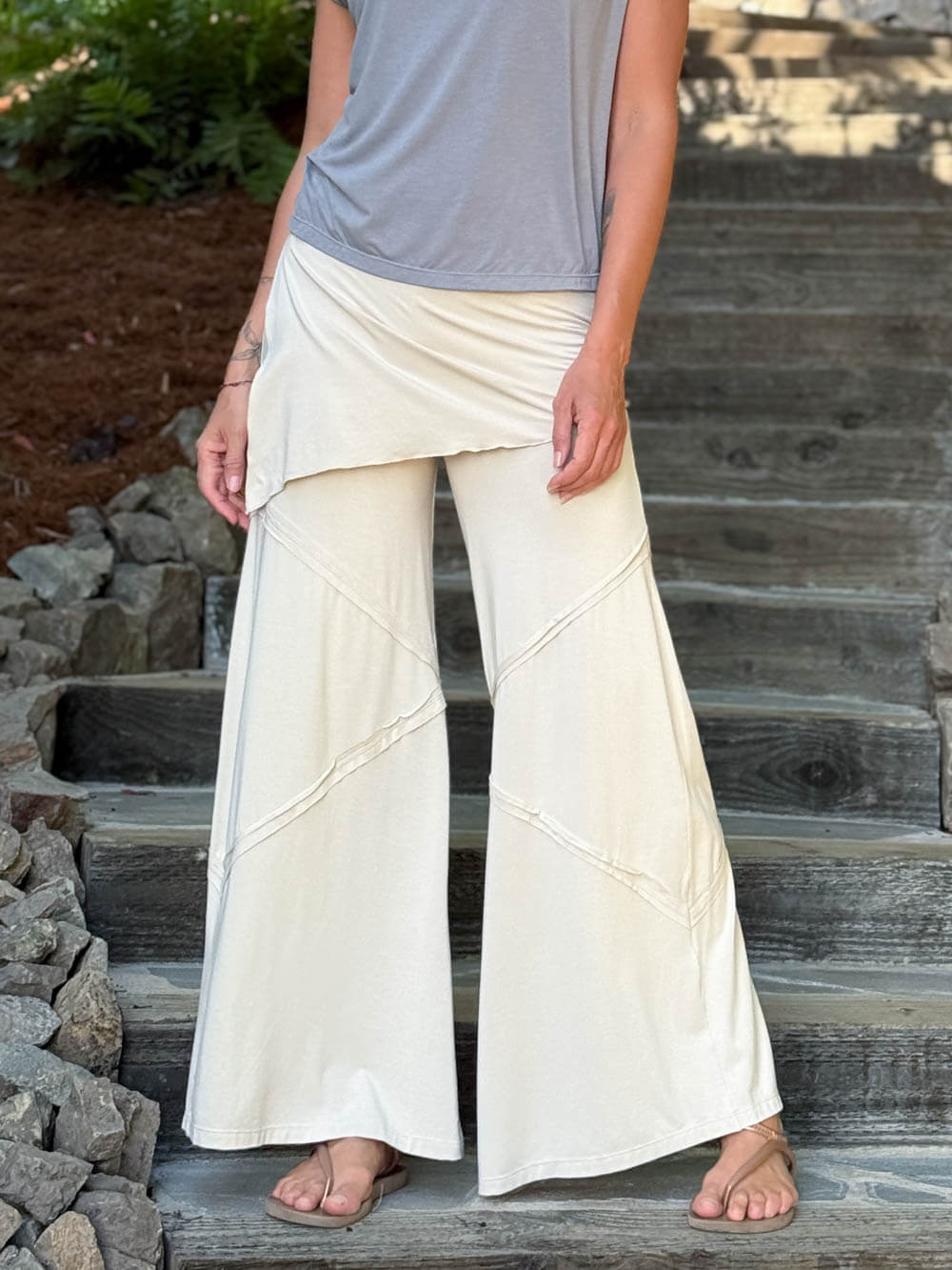 women's natural rayon jersey skirt-over cream wide leg pants with raised diagonal stitching #color_cream