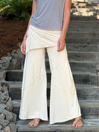 women's natural rayon jersey skirt-over cream wide leg pants with raised diagonal stitching #color_cream