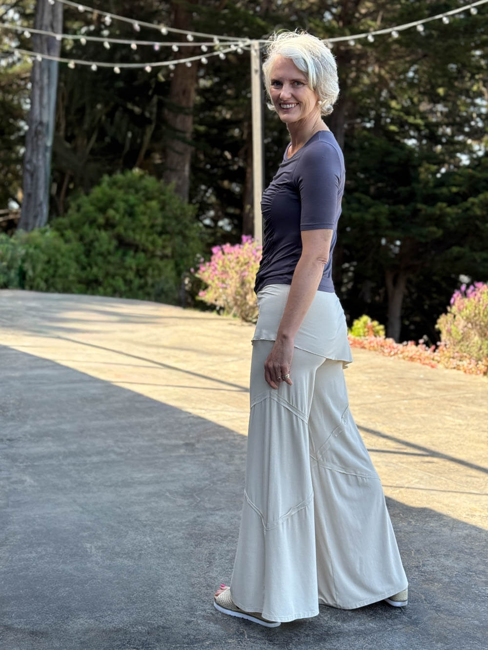 women's natural rayon jersey skirt-over cream wide leg pants with raised diagonal stitching #color_cream