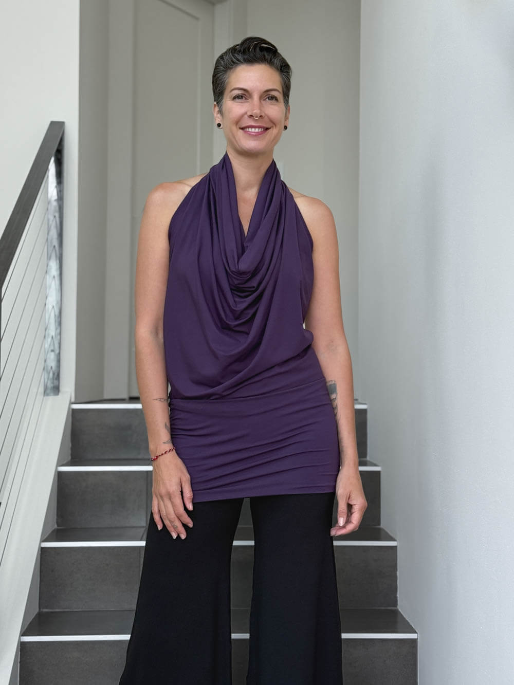 caraucci convertible purple draped shrug that converts into a cowl neck backless tunic #color_plum