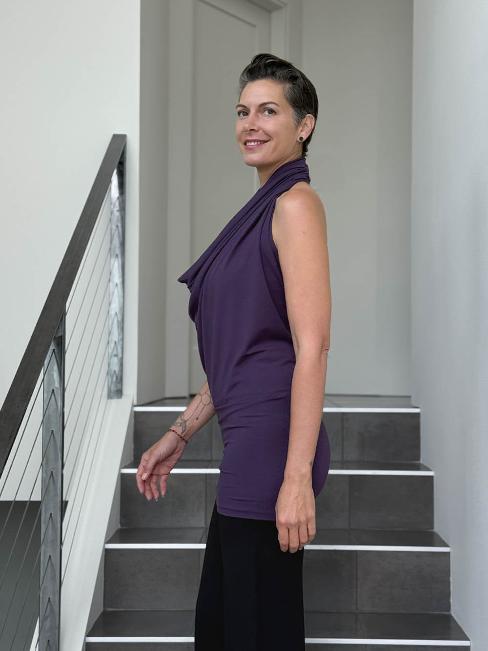 caraucci convertible purple draped shrug that converts into a cowl neck backless tunic #color_plum