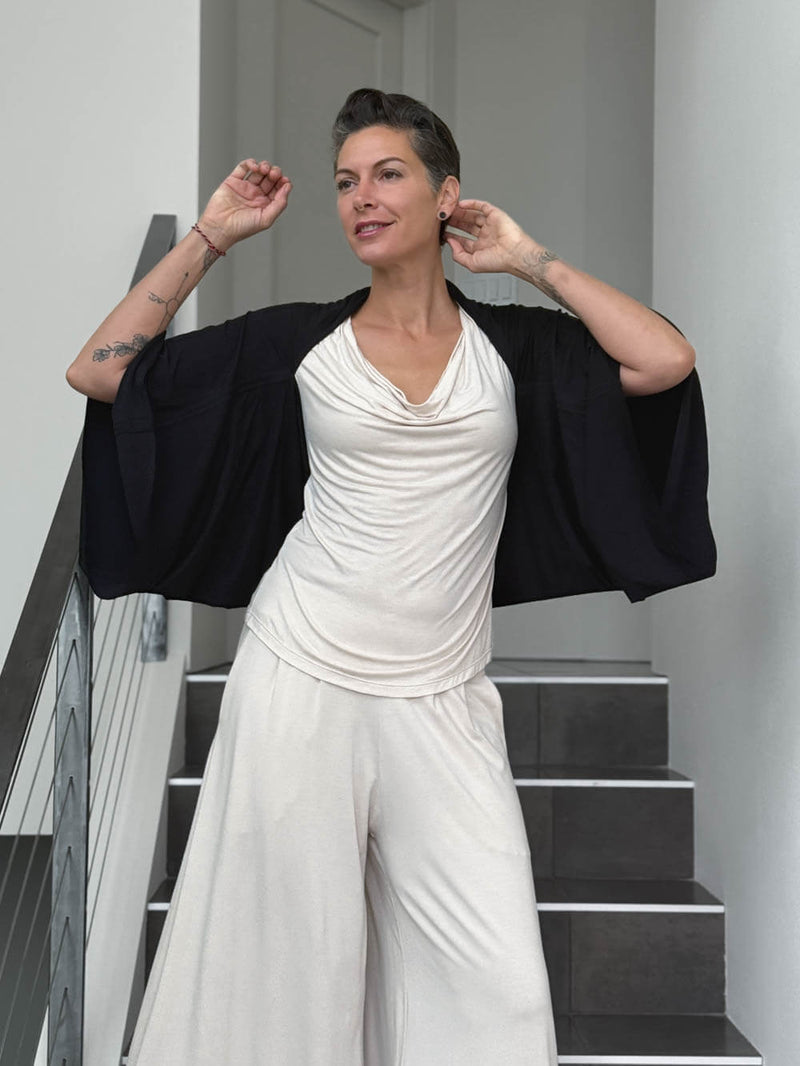 caraucci convertible black draped shrug that converts into a cowl neck backless tunic #color_black