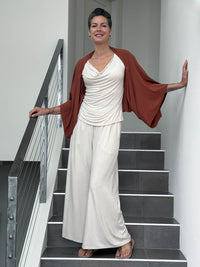 caraucci convertible orange draped shrug that converts into a cowl neck backless tunic #color_copper