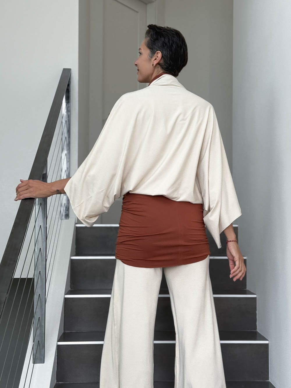 caraucci convertible cream draped shrug that converts into a cowl neck backless tunic #color_cream
