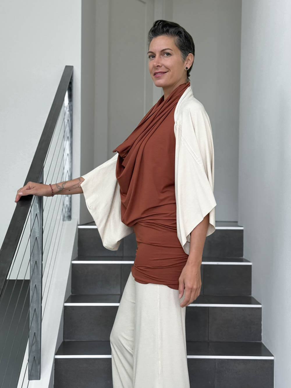caraucci convertible cream draped shrug that converts into a cowl neck backless tunic #color_cream