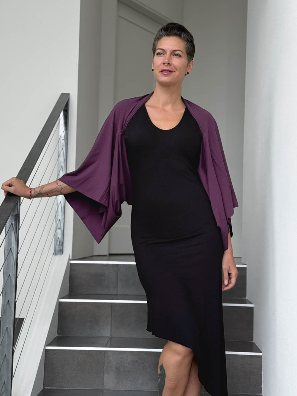 caraucci convertible purple draped shrug that converts into a cowl neck backless tunic #color_jam