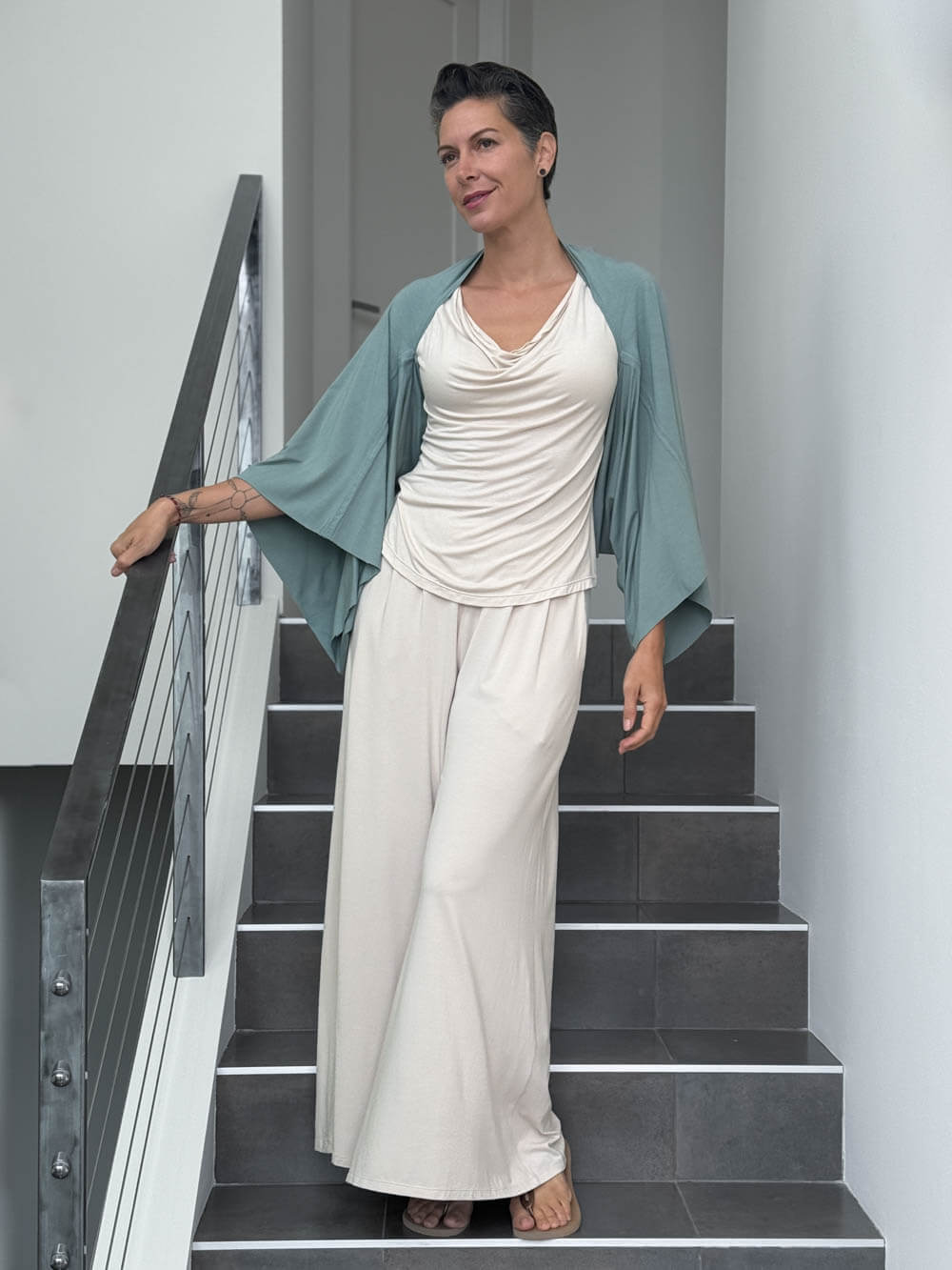 caraucci convertible moss green draped shrug that converts into a cowl neck backless tunic #color_moss