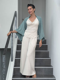 caraucci convertible moss green draped shrug that converts into a cowl neck backless tunic #color_moss