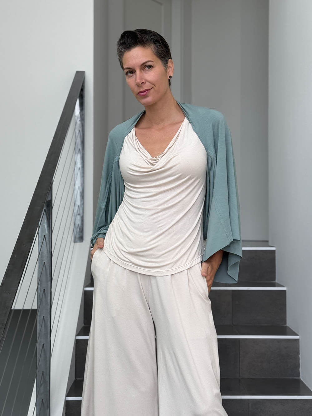 caraucci convertible moss green draped shrug that converts into a cowl neck backless tunic #color_moss