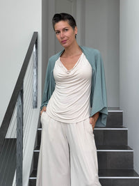 caraucci convertible moss green draped shrug that converts into a cowl neck backless tunic #color_moss