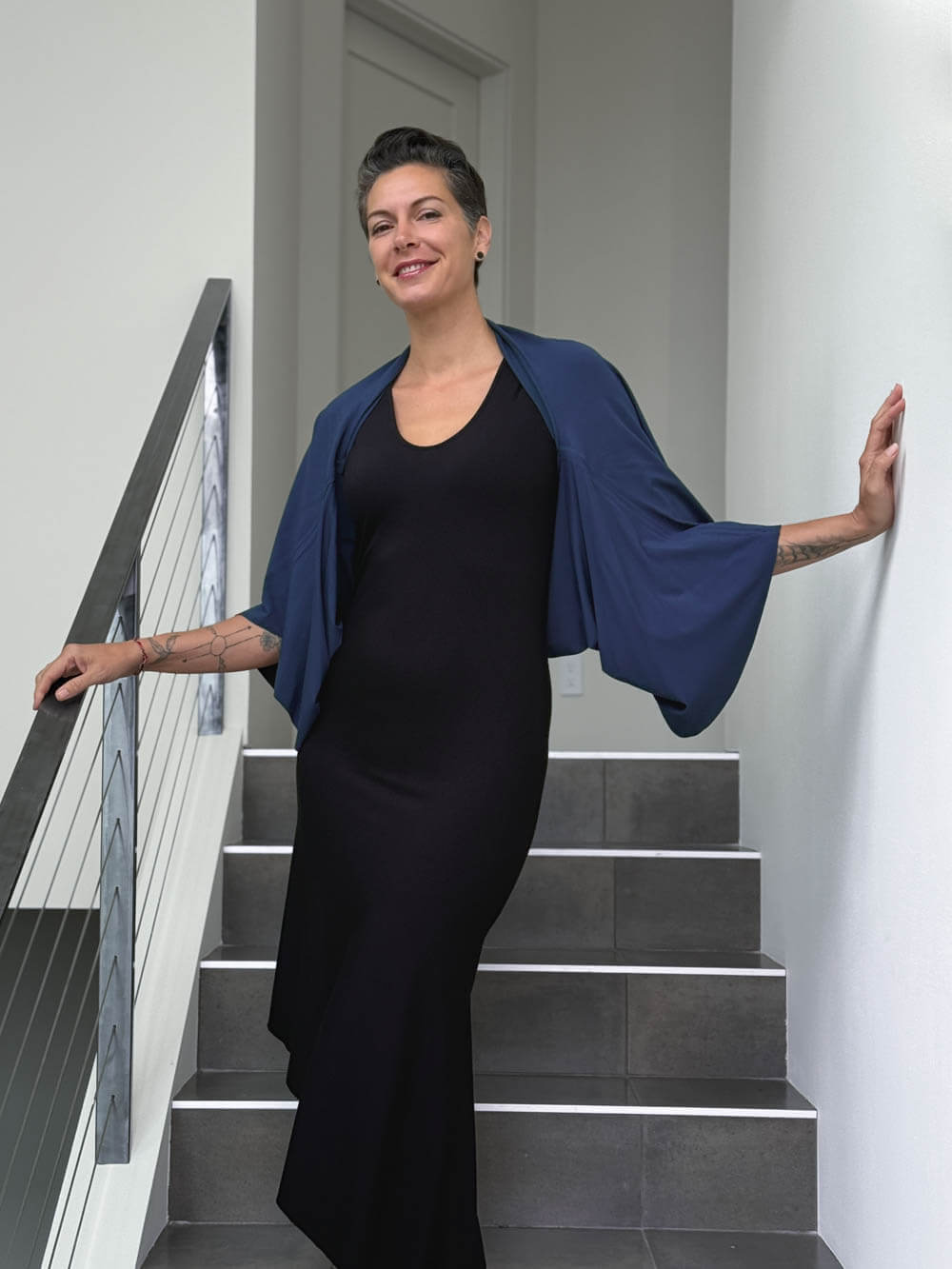 caraucci convertible navy blue draped shrug that converts into a cowl neck backless tunic #color_navy
