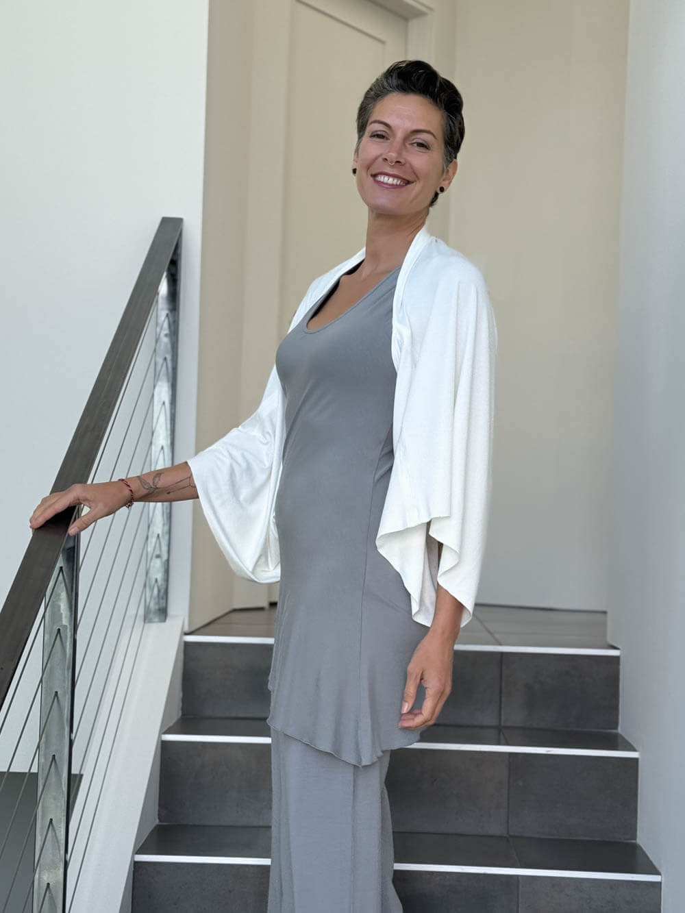caraucci convertible white draped shrug that converts into a cowl neck backless tunic #color_off-white