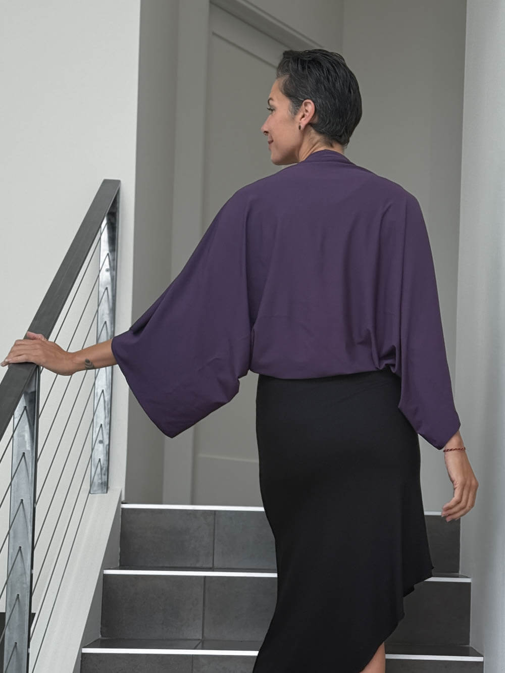 caraucci convertible plum draped shrug that converts into a cowl neck backless tunic #color_plum