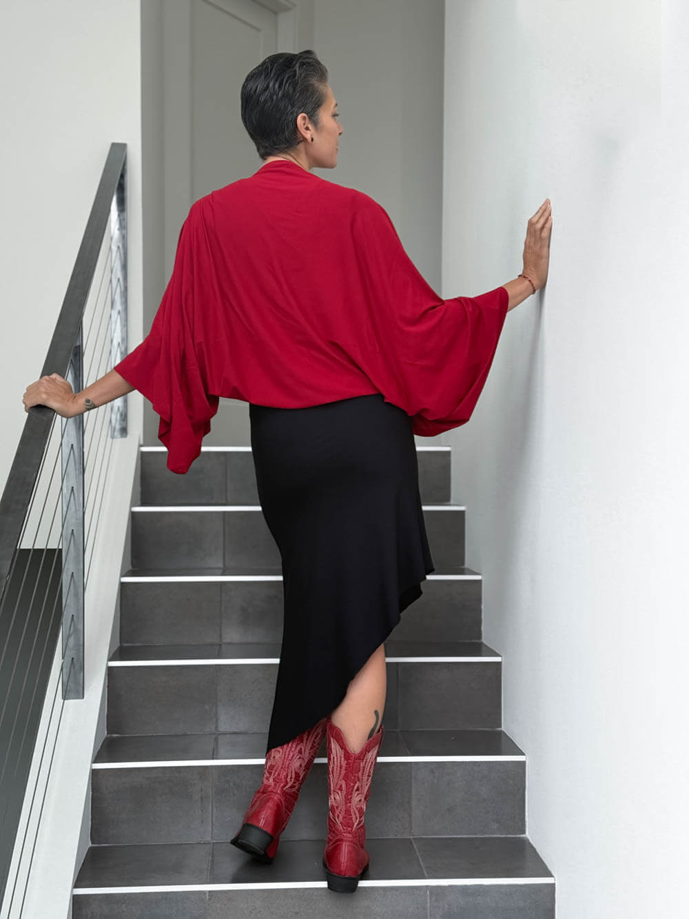 caraucci convertible red draped shrug that converts into a cowl neck backless tunic #color_red