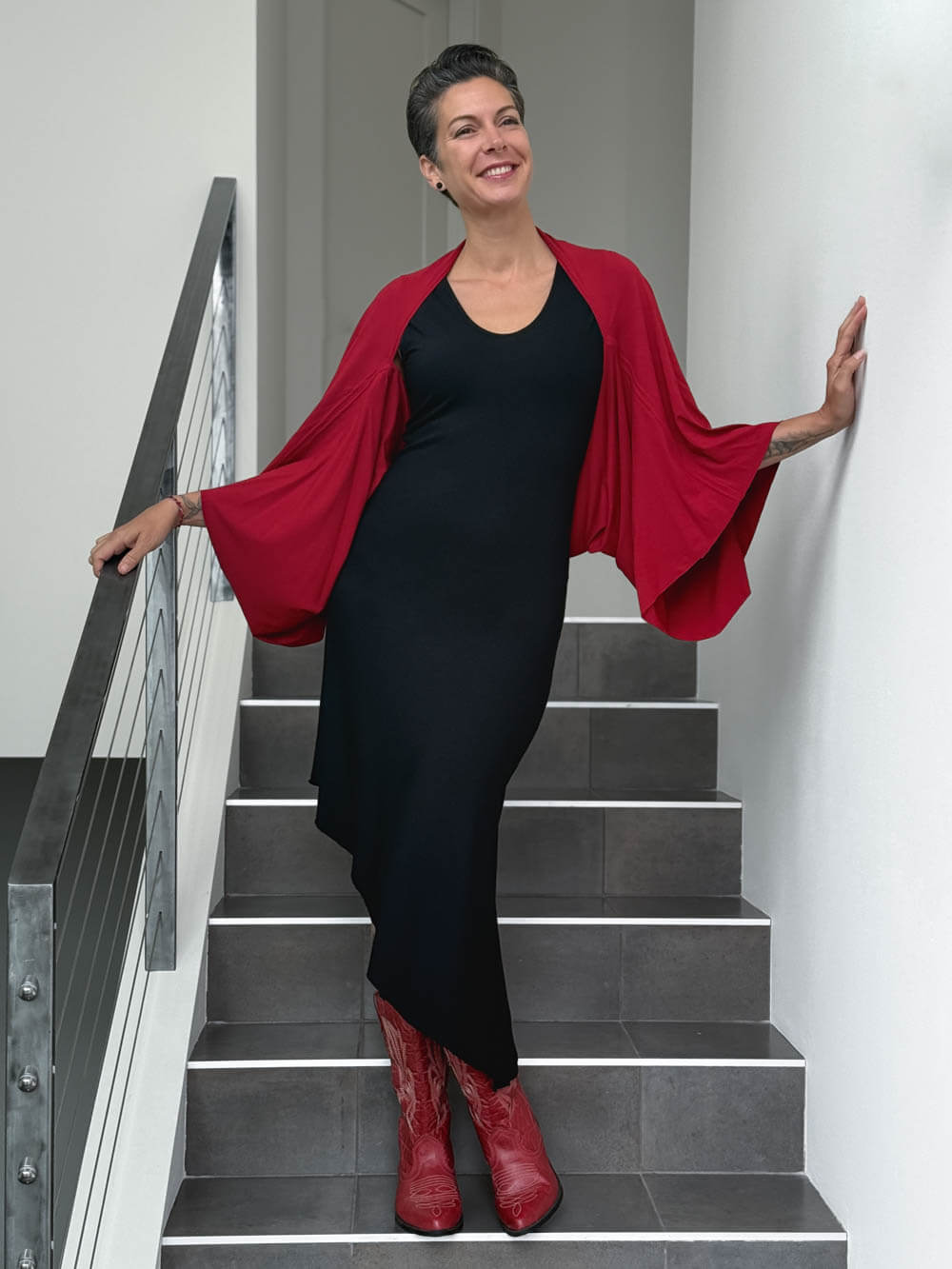 caraucci convertible red draped shrug that converts into a cowl neck backless tunic #color_red