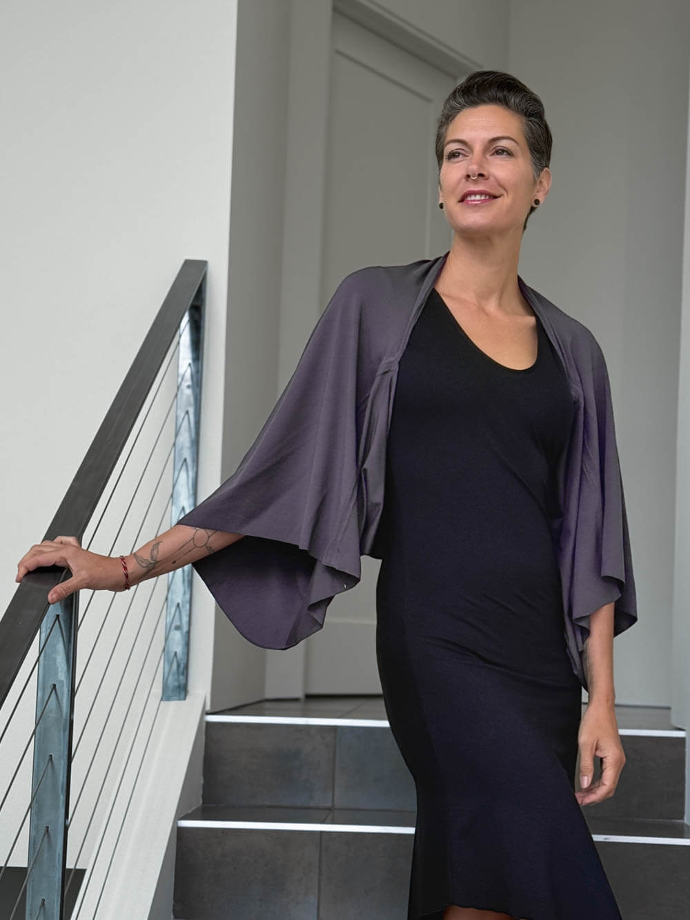 caraucci convertible steel gray draped shrug that converts into a cowl neck backless tunic #color_steel