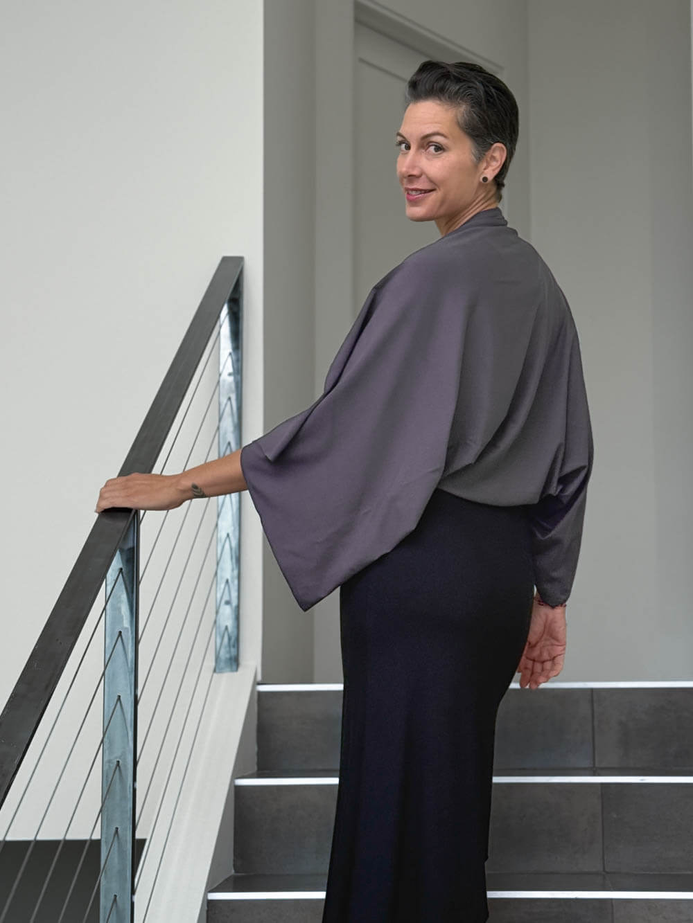 caraucci convertible steel gray draped shrug that converts into a cowl neck backless tunic #color_steel