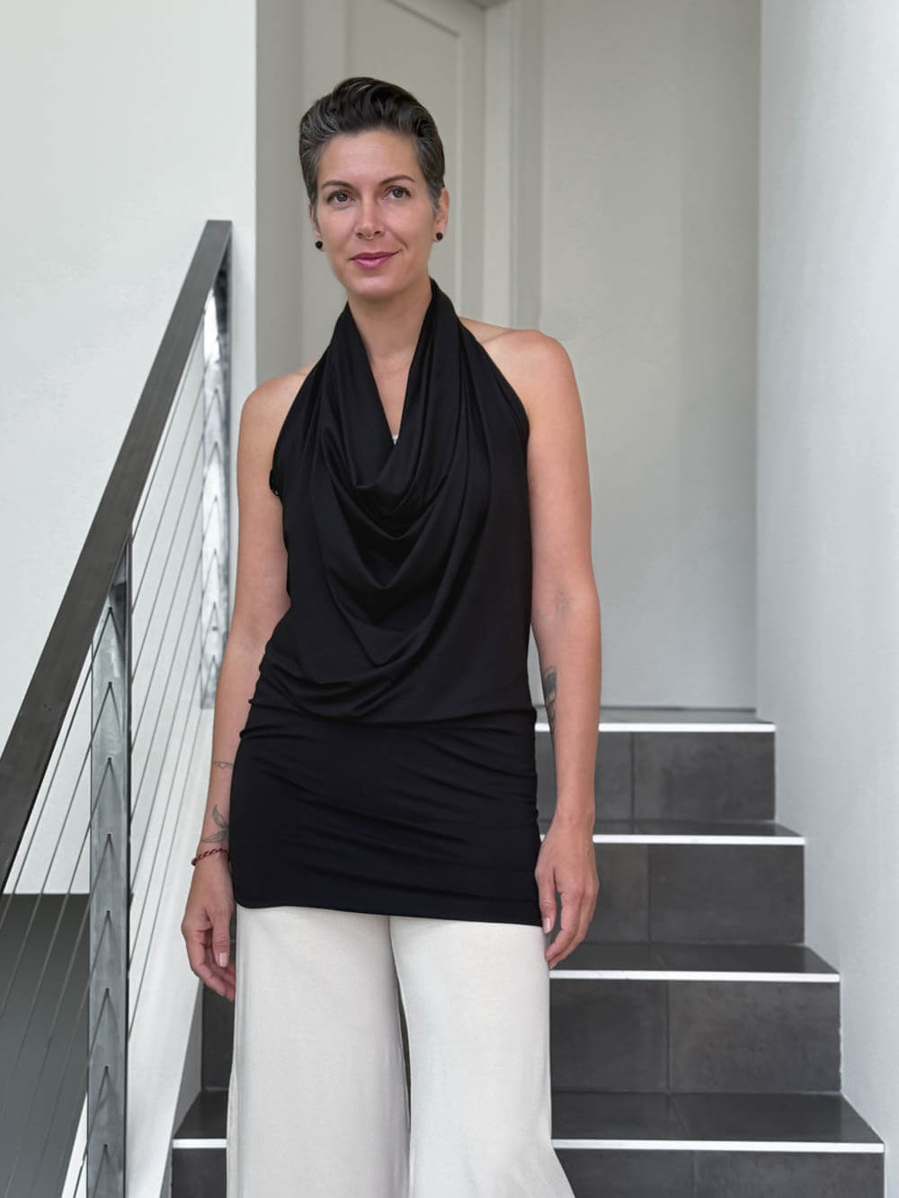 caraucci convertible black draped shrug that converts into a cowl neck backless tunic #color_black