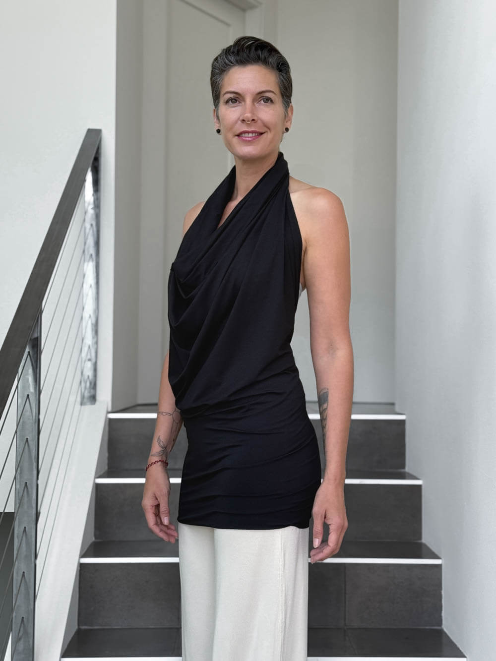 caraucci convertible black draped shrug that converts into a cowl neck backless tunic #color_black