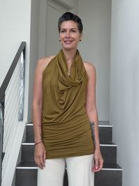 caraucci convertible green brass draped shrug that converts into a cowl neck backless tunic #color_brass