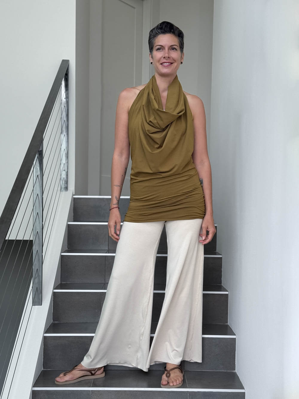 caraucci convertible green brass draped shrug that converts into a cowl neck backless tunic #color_brass
