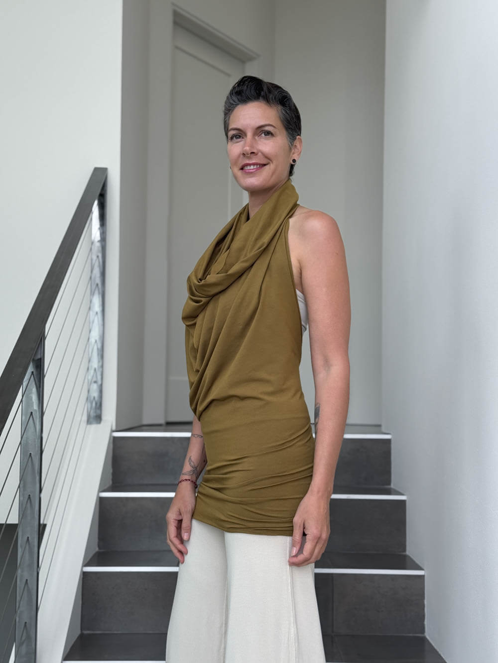 caraucci convertible green brass draped shrug that converts into a cowl neck backless tunic #color_brass