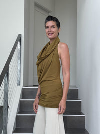 caraucci convertible green brass draped shrug that converts into a cowl neck backless tunic #color_brass