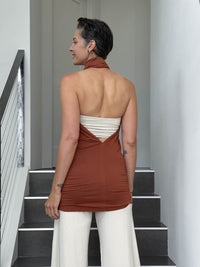 caraucci convertible orange draped shrug that converts into a cowl neck backless tunic #color_copper