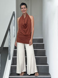 caraucci convertible orange draped shrug that converts into a cowl neck backless tunic #color_copper