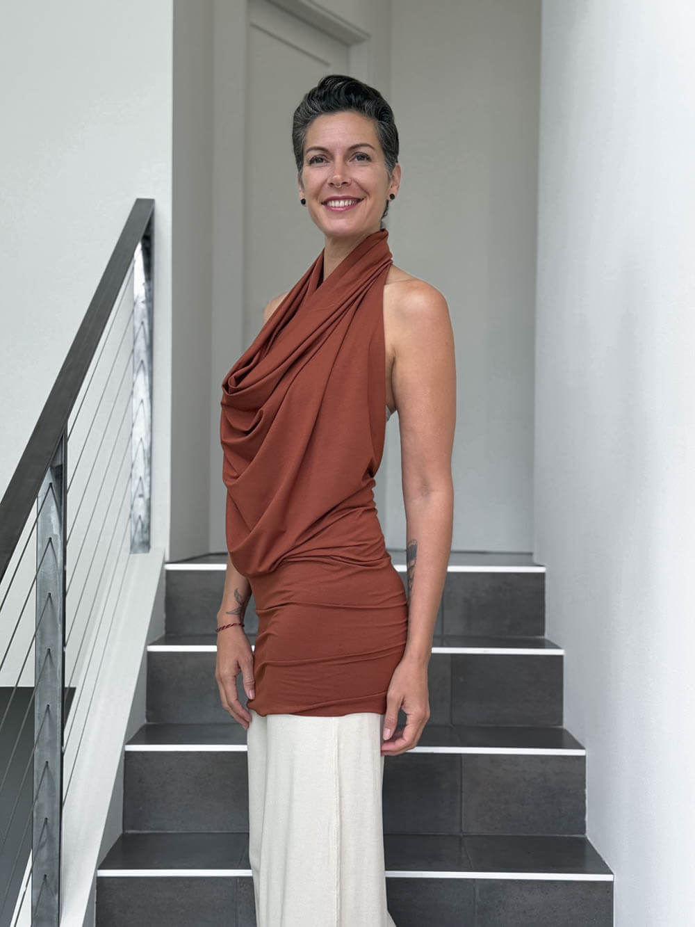caraucci convertible orange draped shrug that converts into a cowl neck backless tunic #color_copper
