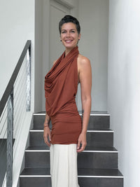 caraucci convertible orange draped shrug that converts into a cowl neck backless tunic #color_copper
