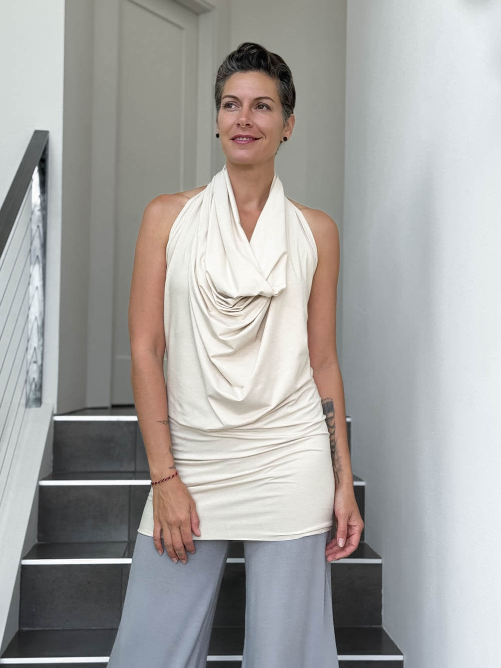 caraucci convertible cream draped shrug that converts into a cowl neck backless tunic #color_cream