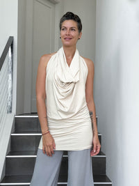 caraucci convertible cream draped shrug that converts into a cowl neck backless tunic #color_cream