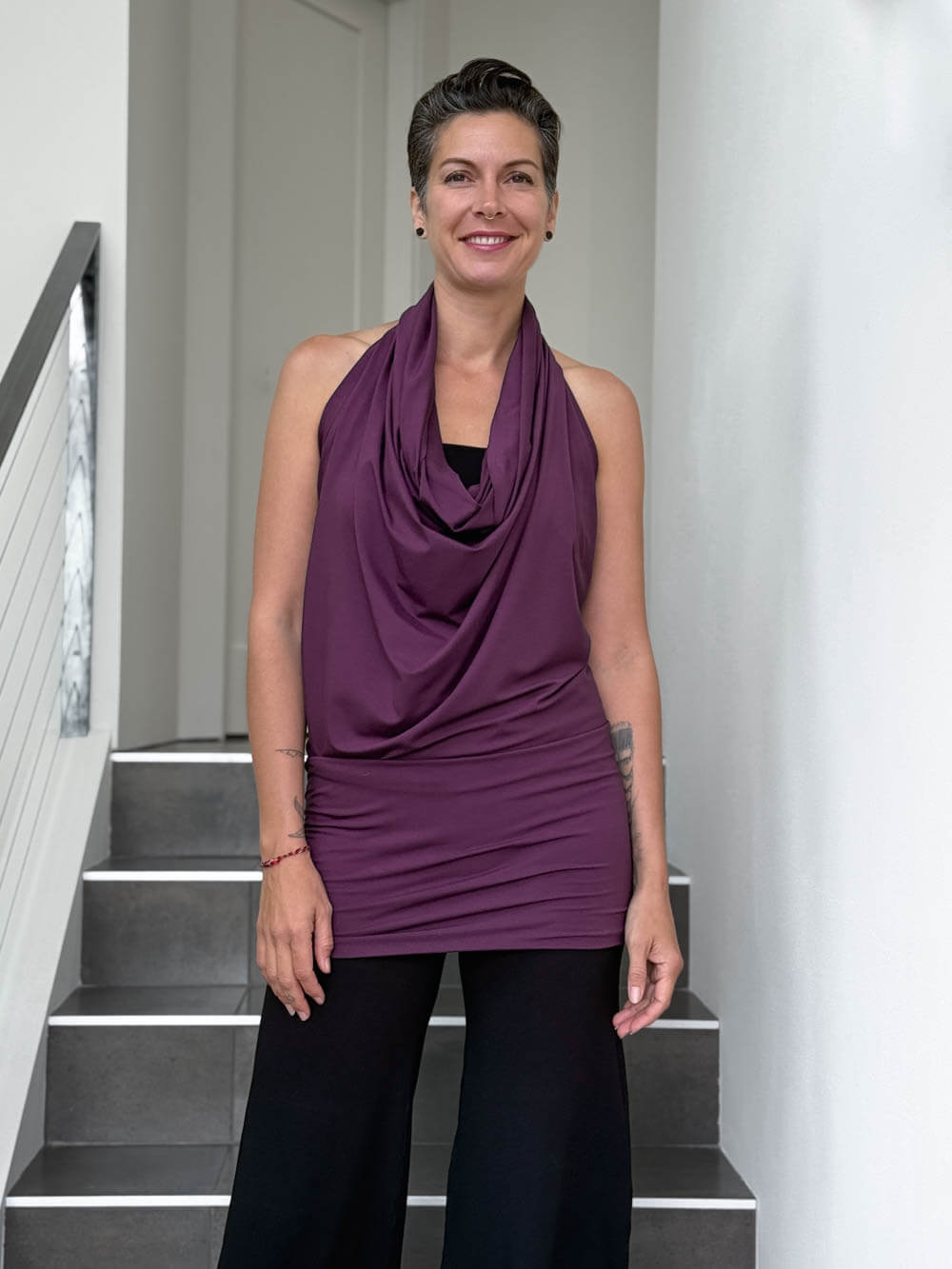 caraucci convertible purple draped shrug that converts into a cowl neck backless tunic #color_jam