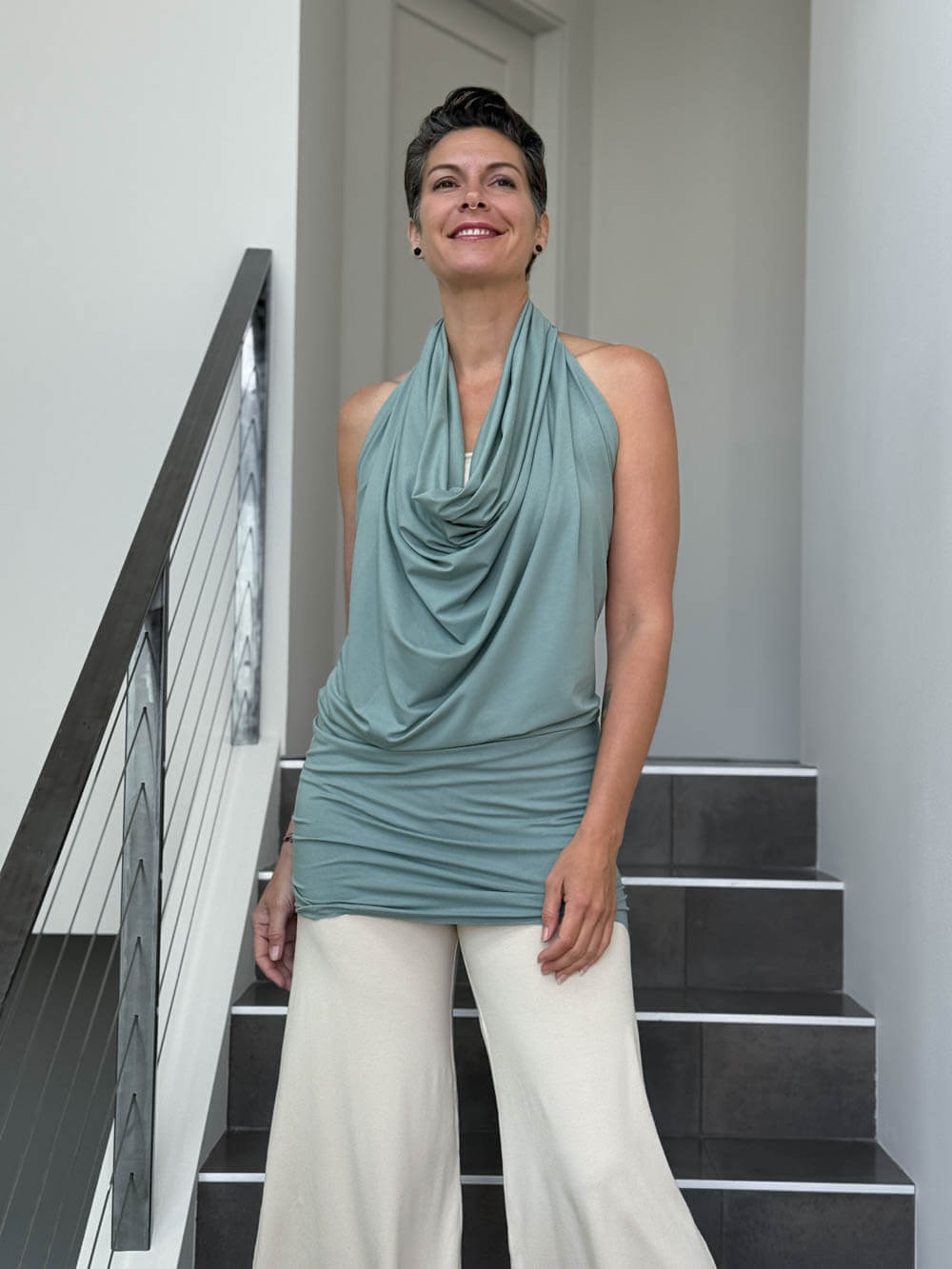 caraucci convertible moss green draped shrug that converts into a cowl neck backless tunic #color_moss