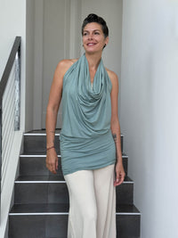 caraucci convertible moss green draped shrug that converts into a cowl neck backless tunic #color_moss