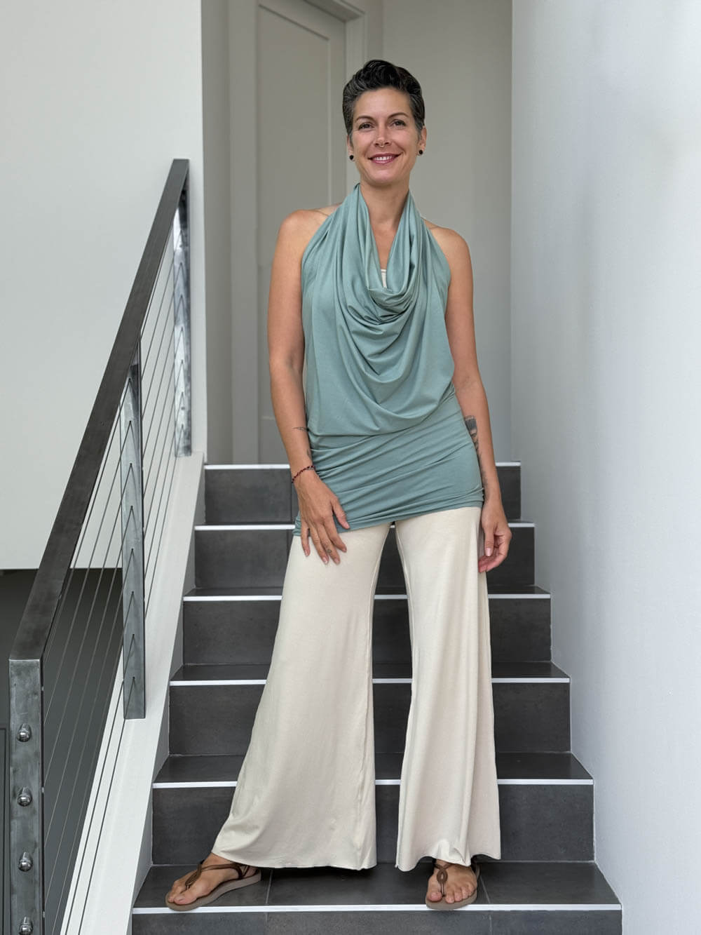 caraucci convertible moss green draped shrug that converts into a cowl neck backless tunic #color_moss
