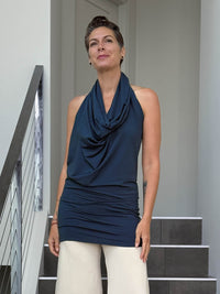 caraucci convertible navy blue draped shrug that converts into a cowl neck backless tunic #color_navy
