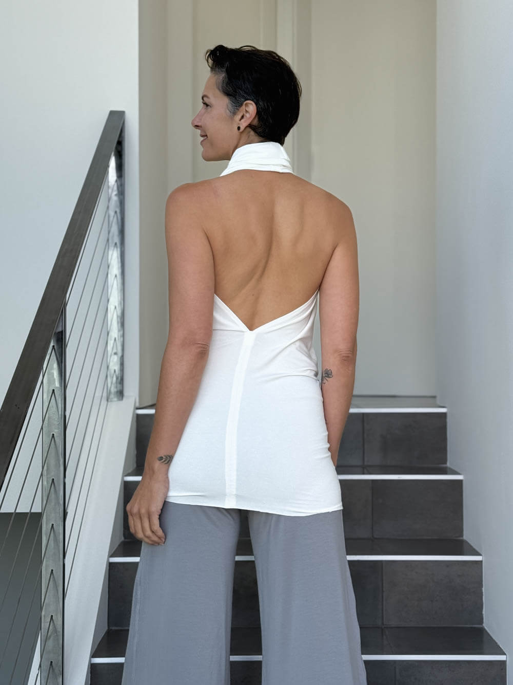 caraucci convertible white draped shrug that converts into a cowl neck backless tunic #color_off-white