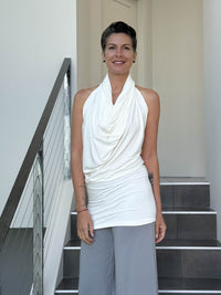 caraucci convertible white draped shrug that converts into a cowl neck backless tunic #color_off-white