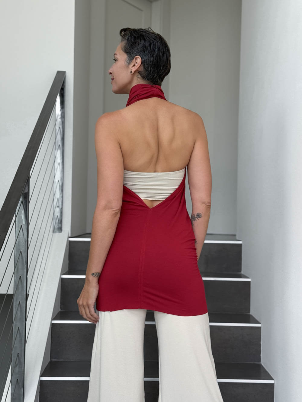 caraucci convertible red draped shrug that converts into a cowl neck backless tunic #color_red