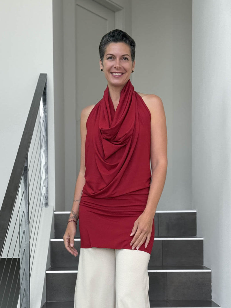 caraucci convertible red draped shrug that converts into a cowl neck backless tunic #color_red